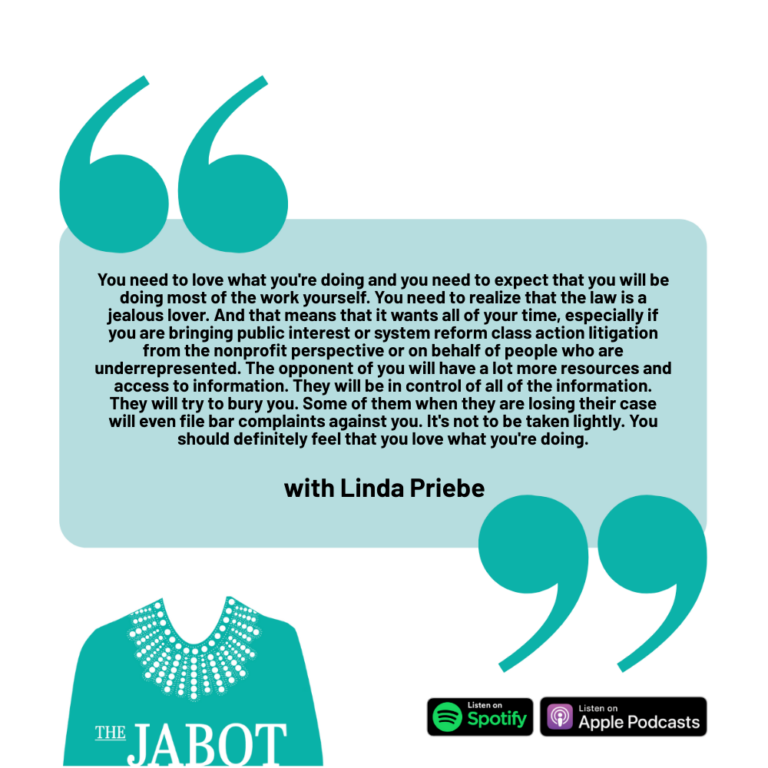 Linda Priebe is guest on The Jabot podcast to discuss her how her legal career evolved